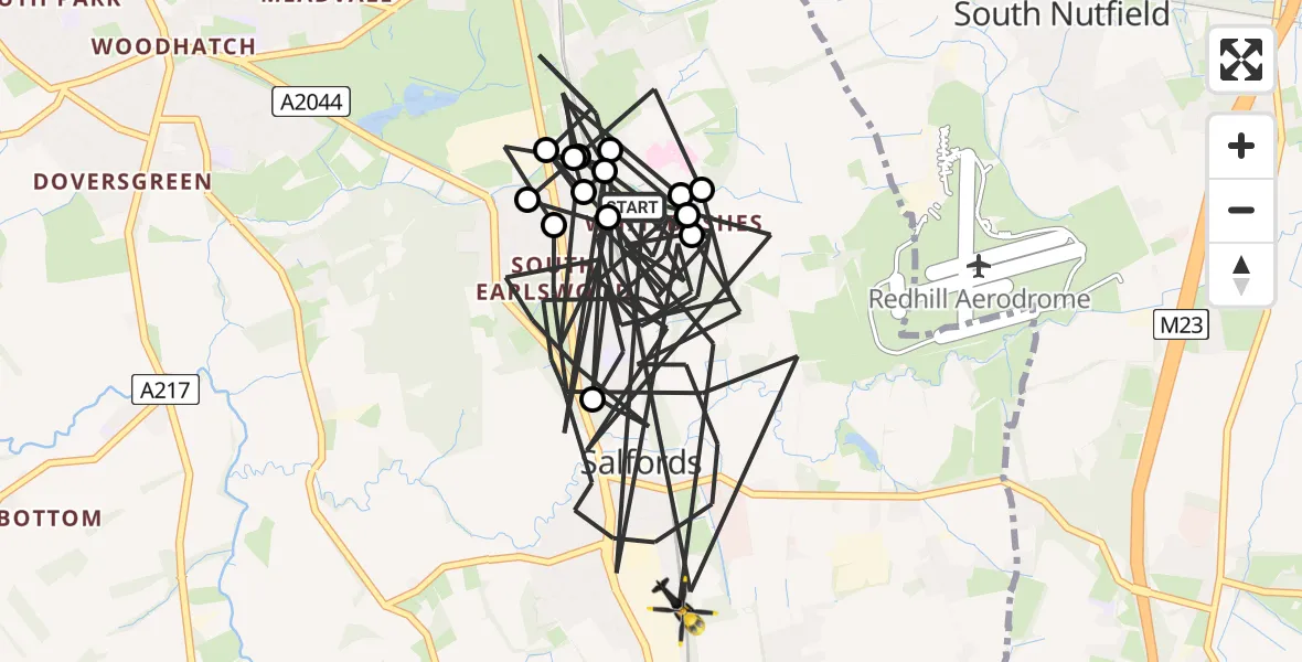 Flight path map showing Police Helicopter route from Salfords to Salfords