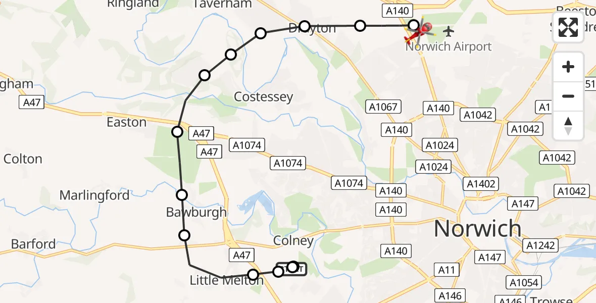 Flight path map showing Air Ambulance Helicopter route from Norfolk & Norwich Hospital to Norwich Airport