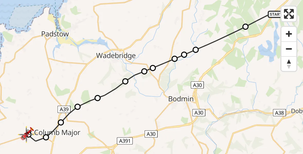 Flight path map showing Air Ambulance Helicopter route from Altarnun to Cornwall Airport Newquay