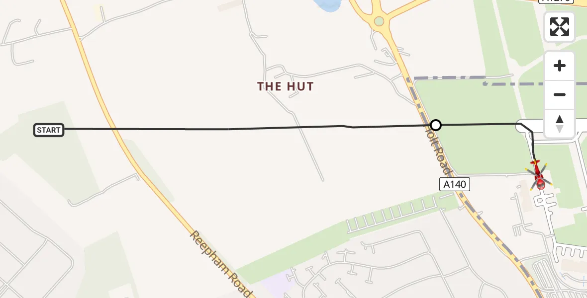 Flight path map showing Air Ambulance Helicopter route from Horsford to Norwich Airport