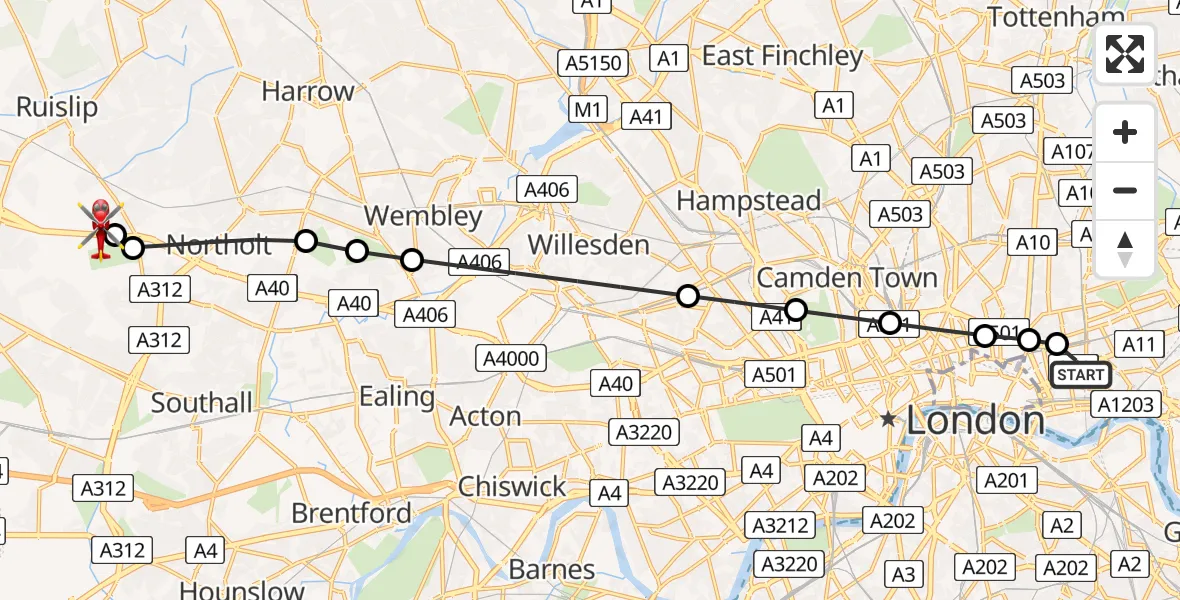 Flight path map showing Air Ambulance Helicopter route from Royal London Hospital to RAF Northolt