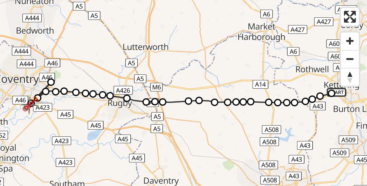 Flight path map showing Air Ambulance Helicopter route from Kettering to Coventry Airport