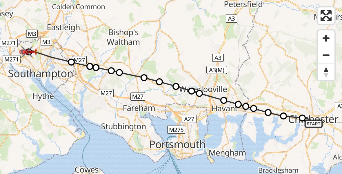 Flight path map showing Air Ambulance Helicopter route from Chichester to University Hospital Southampton