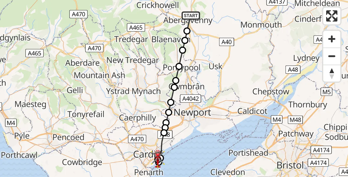 Flight path map showing Air Ambulance Helicopter route from Abergavenny to Cardiff Heliport