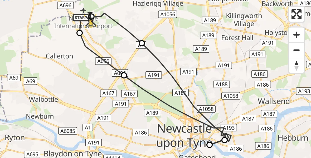 Flight path map showing Police Helicopter route from Newcastle International Airport to Newcastle upon Tyne