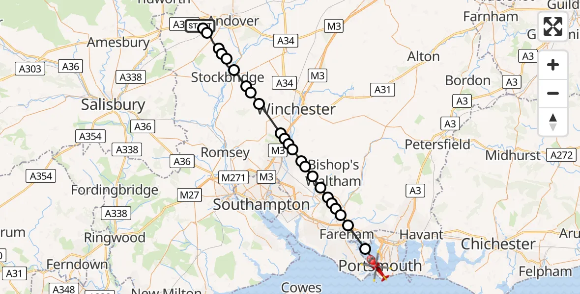 Flight path map showing Air Ambulance Helicopter route from Amport to Portsmouth