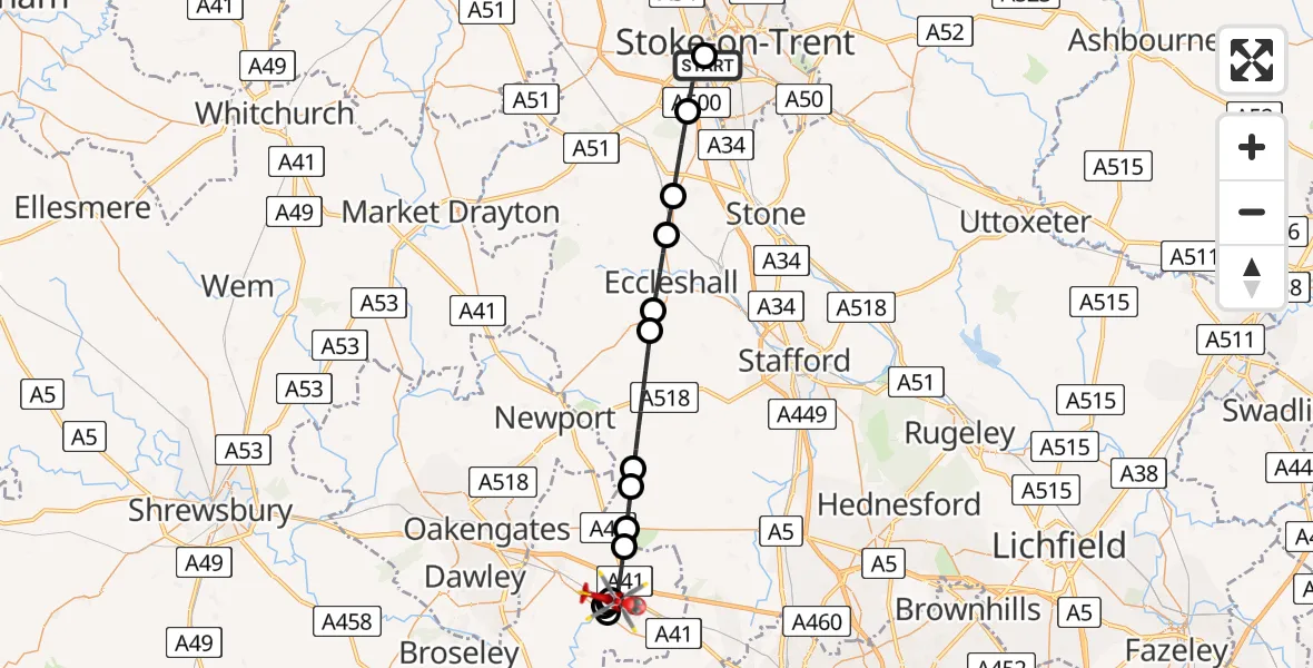 Flight path map showing Air Ambulance Helicopter route from University Hospital North Staffs to Cosford