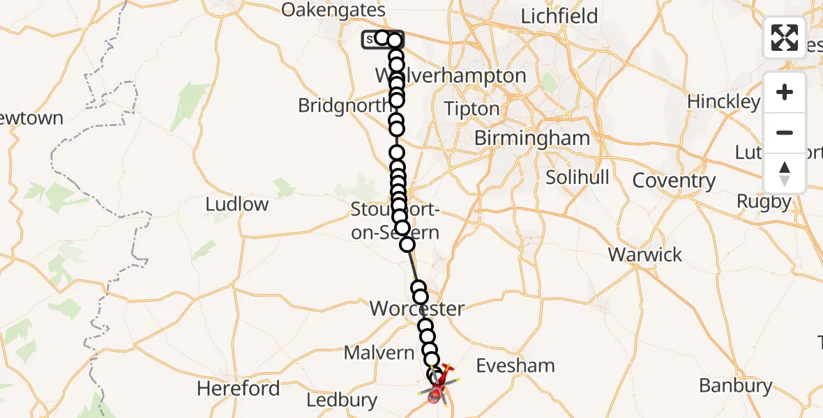 Flight path map showing Air Ambulance Helicopter route from RAF Cosford to Hill Croome