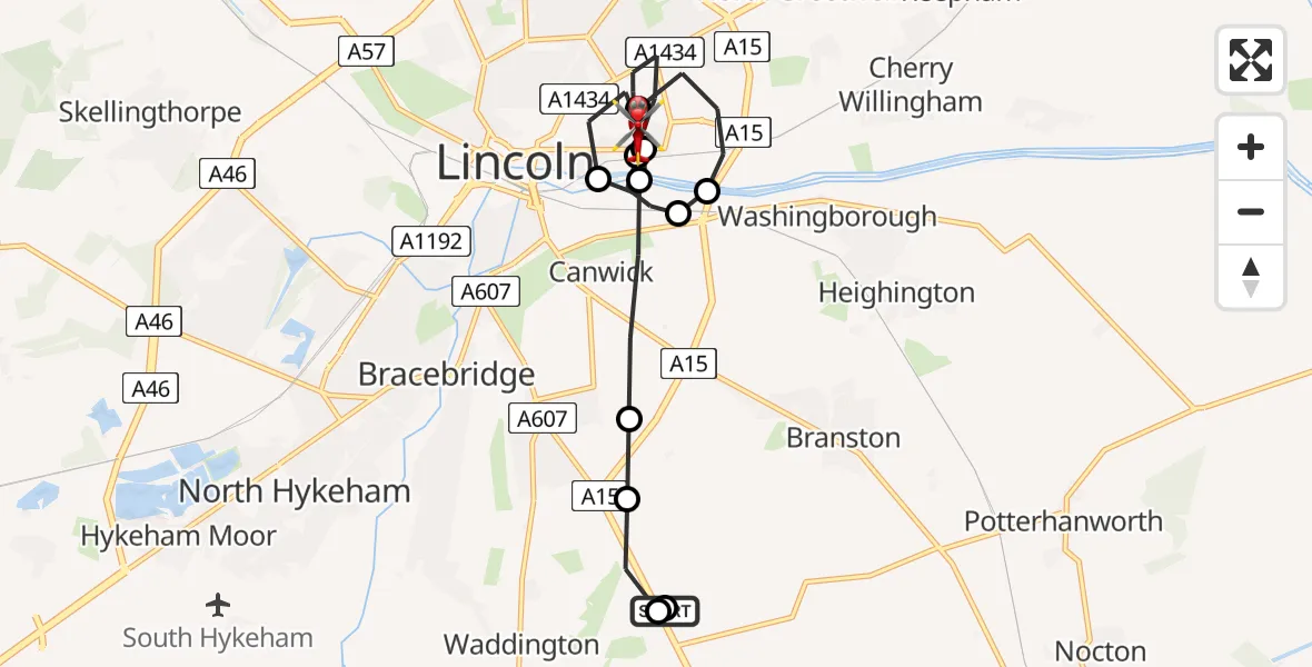 Flight path map showing Air Ambulance Helicopter route from RAF Waddington to Lincoln