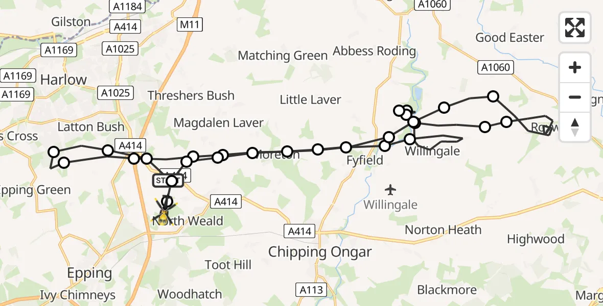 Flight path map showing Police Helicopter route from North Weald Airfield to North Weald Airfield