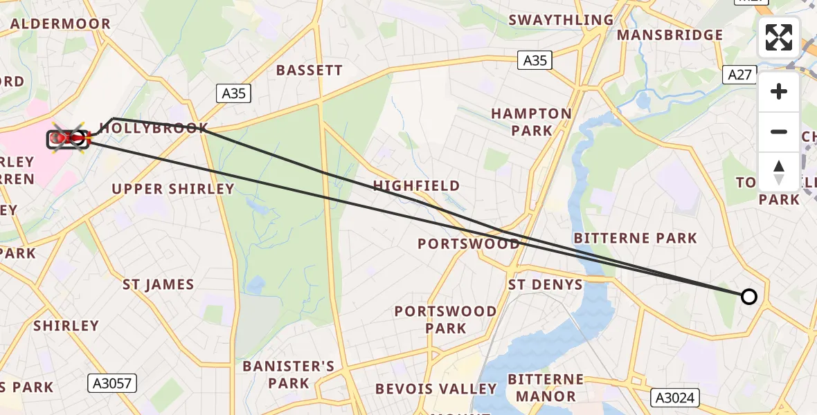 Routekaart van de vlucht: Air Ambulance Helicopter to University Hospital Southampton