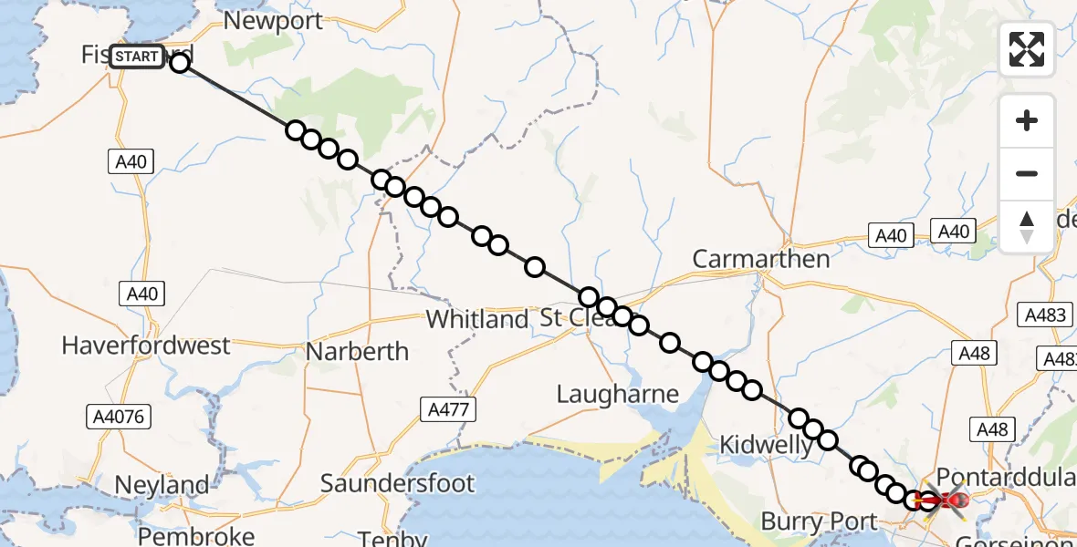 Flight path map showing Air Ambulance Helicopter route from Fishguard to Dafen