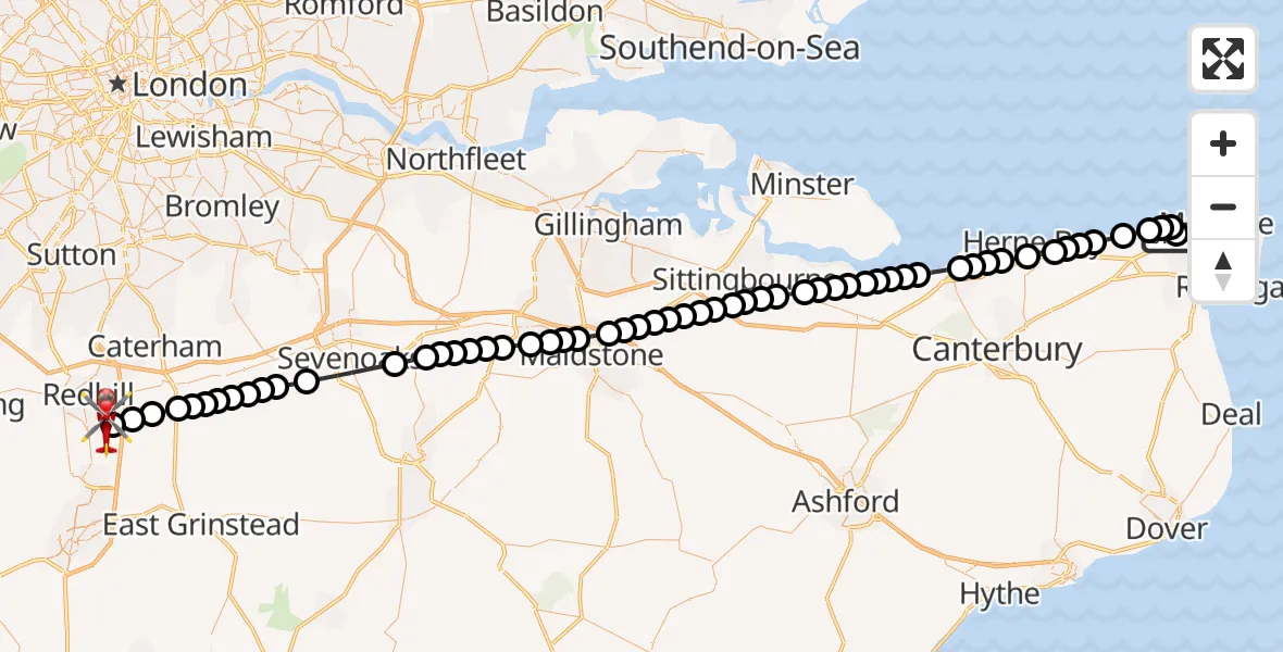 Flight path map showing Air Ambulance Helicopter route from Westgate-on-Sea to Redhill Aerodrome