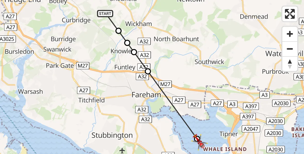 Flight path map showing Air Ambulance Helicopter route from Shedfield to Tipner