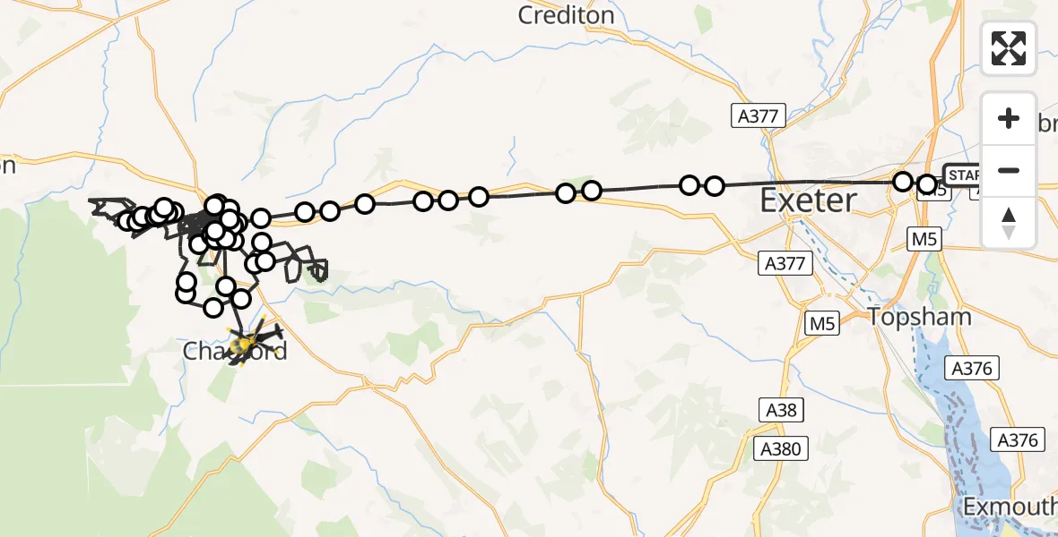Flight path map showing Police Helicopter route from Clyst Honiton to Chagford