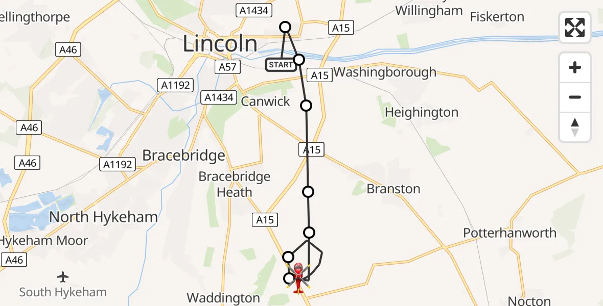 Flight path map showing Air Ambulance Helicopter route from Bracebridge to North Kesteven