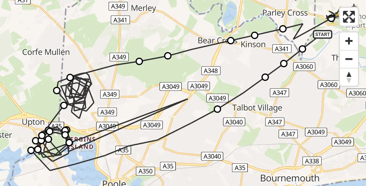 Flight path map showing Police Helicopter route from Hurn to Bournemouth Airport