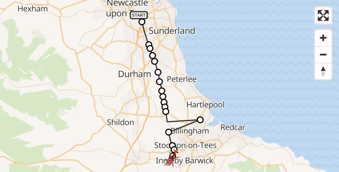 Flight path map showing Air Ambulance Helicopter route from Pelaw to Egglescliffe