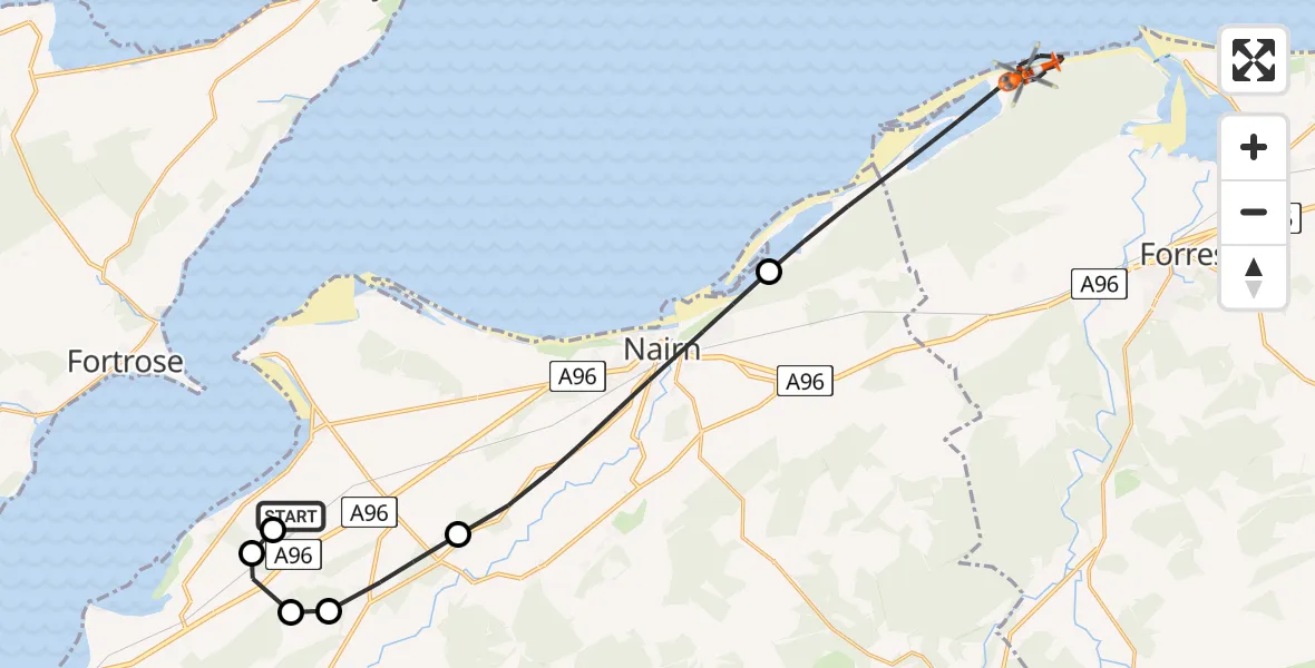 Flight path map showing Coastguard Helicopter route from Inverness Airport to Auldearn