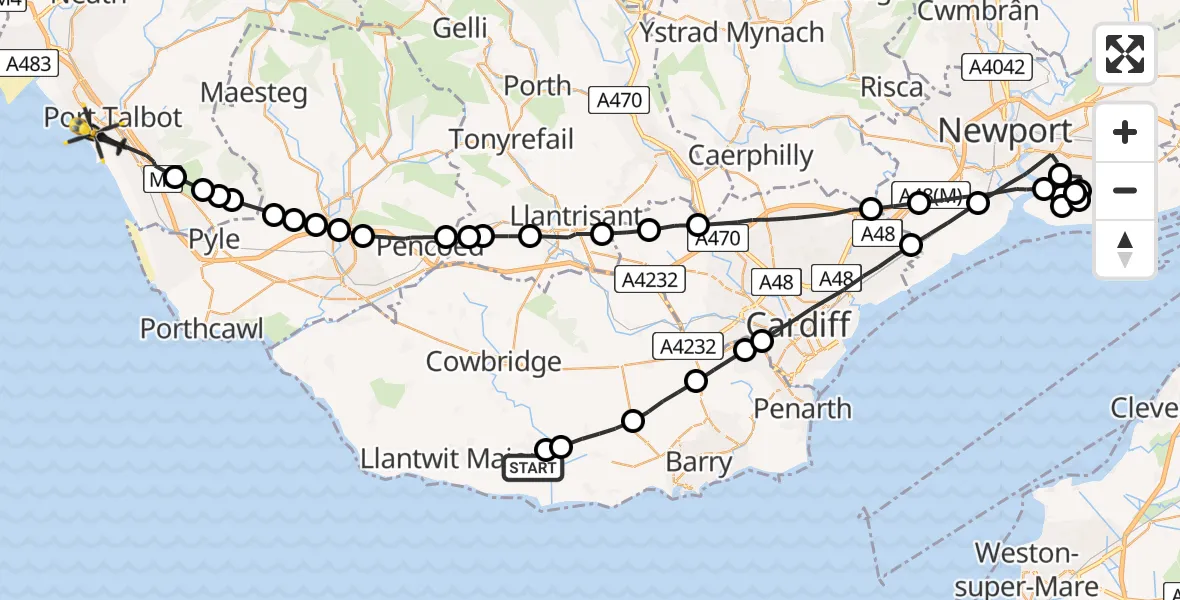 Flight path map showing Police Helicopter route from MOD St Athan to Margam Moors