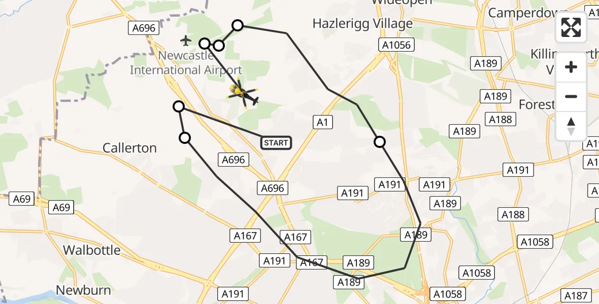 Flight path map showing Police Helicopter route from Newcastle upon Tyne to Newcastle upon Tyne