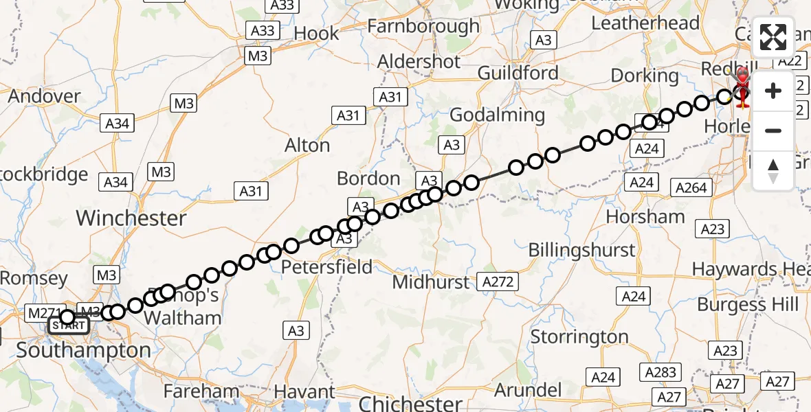 Flight path map showing Air Ambulance Helicopter route from University Hospital Southampton to Redhill Aerodrome