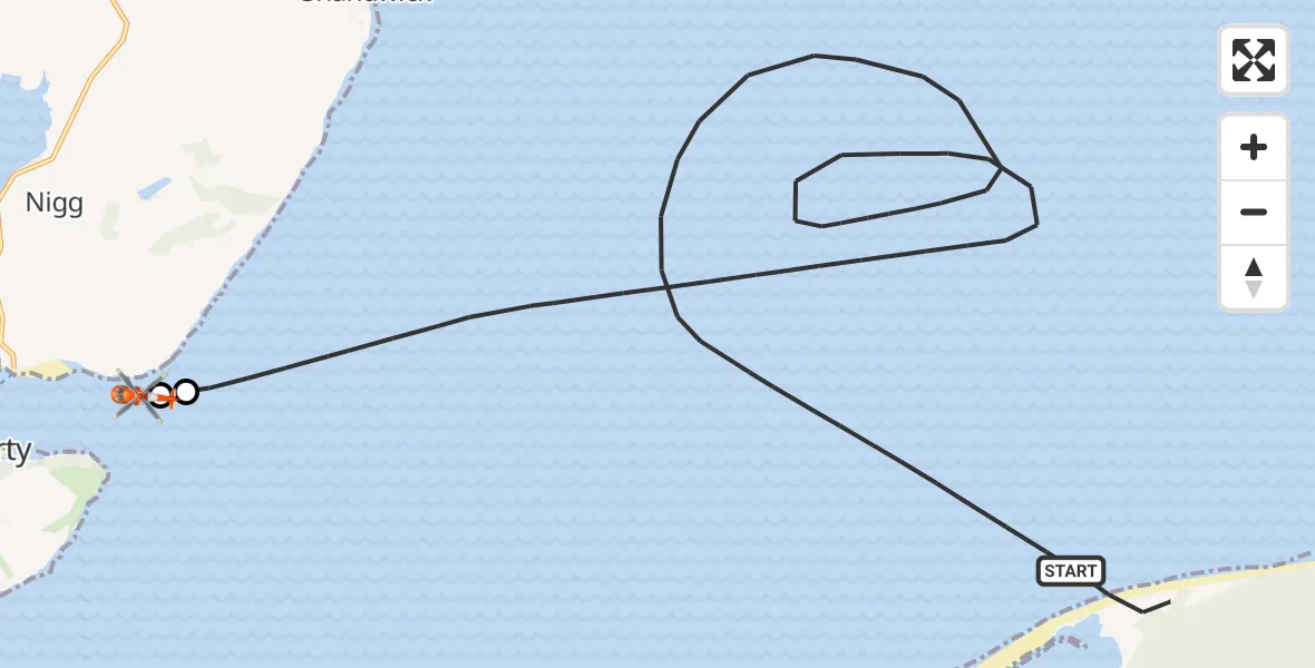 Flight path map showing Coastguard Helicopter route from North Sea to Castlecraig
