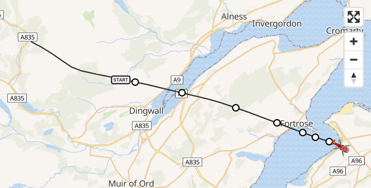 Flight path map showing Air Ambulance Helicopter route from Heights of Brae to Ardersier