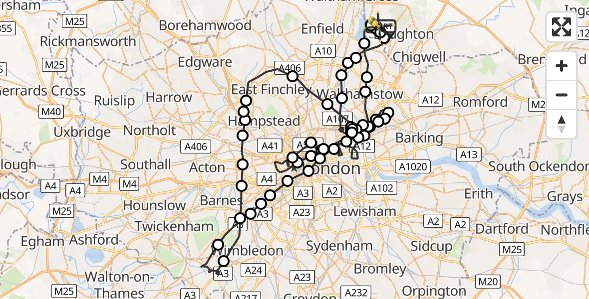 Flight path map showing Police Helicopter route from Metropolitan Police Air Support Unit Lippitts Hill to Sewardstonebury