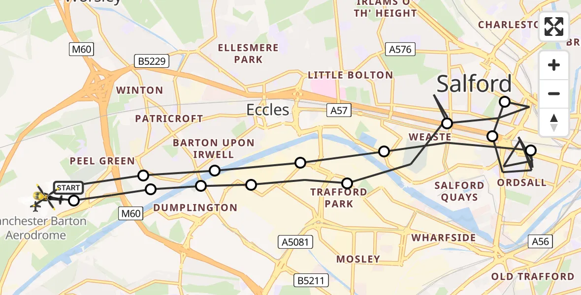 Flight path map showing Police Helicopter route from Manchester Barton Aerodrome to Manchester Barton Aerodrome