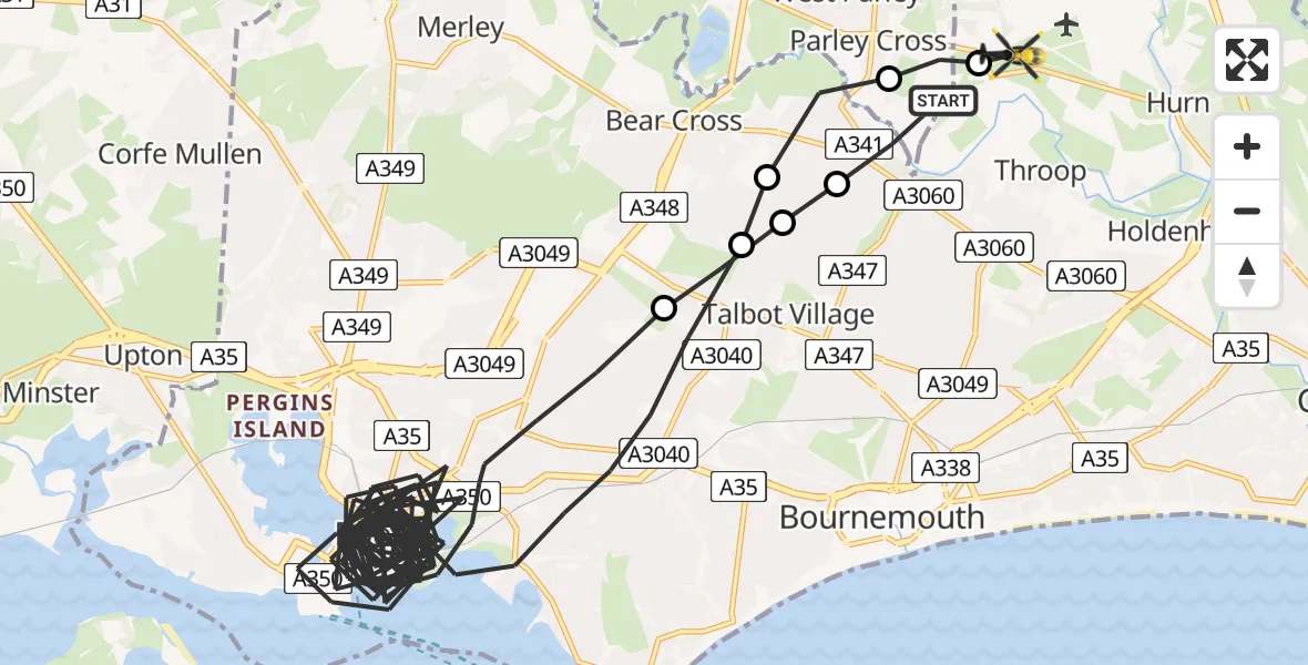 Flight path map showing Police Helicopter route from Parley Cross to Bournemouth Airport
