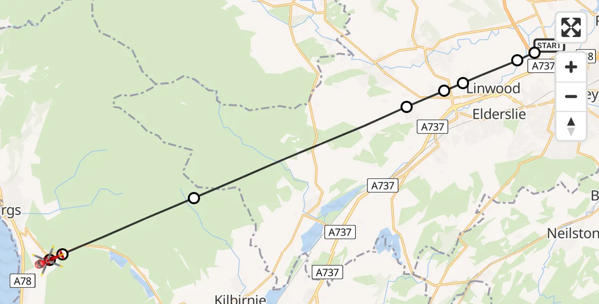 Flight path map showing Air Ambulance Helicopter route from Glasgow Airport to Fairlie