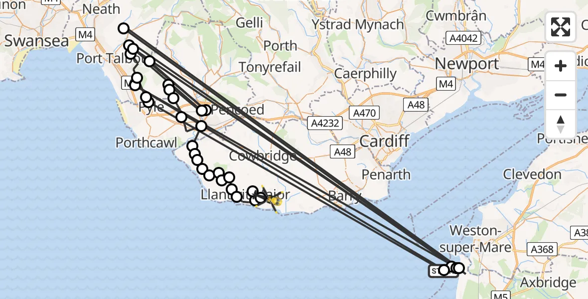 Flight path map showing Police Helicopter route from Bristol Channel to MOD St Athan