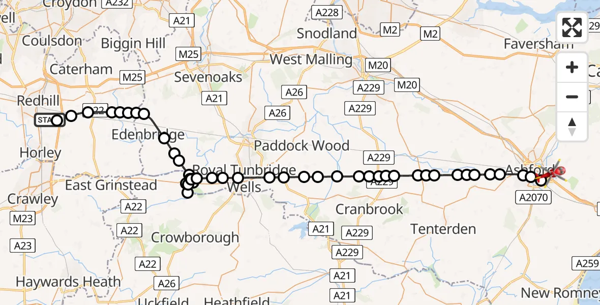Flight path map showing Air Ambulance Helicopter route from Redhill Aerodrome to Sevington