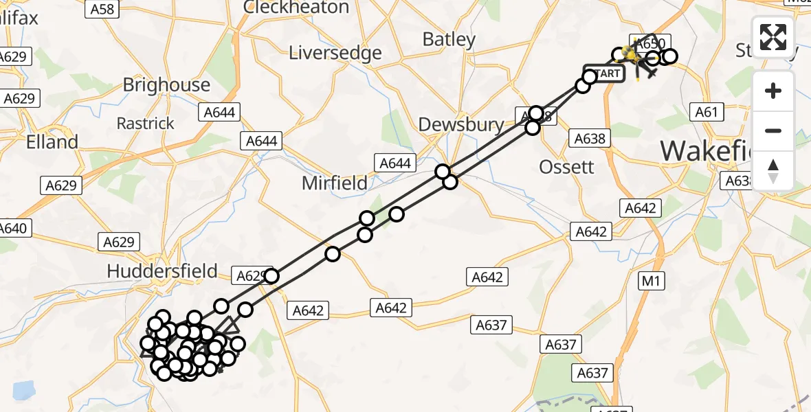Flight path map showing Police Helicopter route from Woodkirk to East Ardsley
