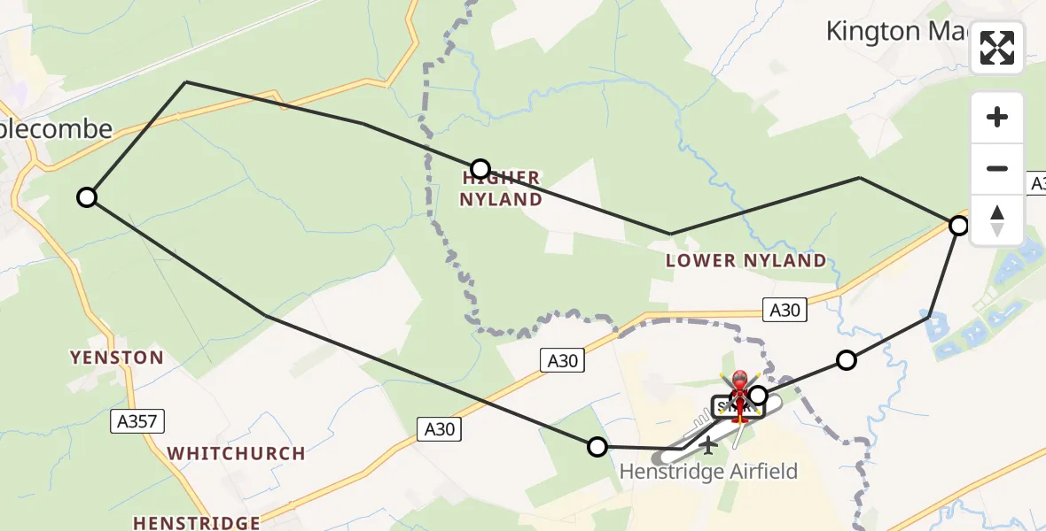 Flight path map showing Air Ambulance Helicopter route from Henstridge Airfield to Henstridge Airfield