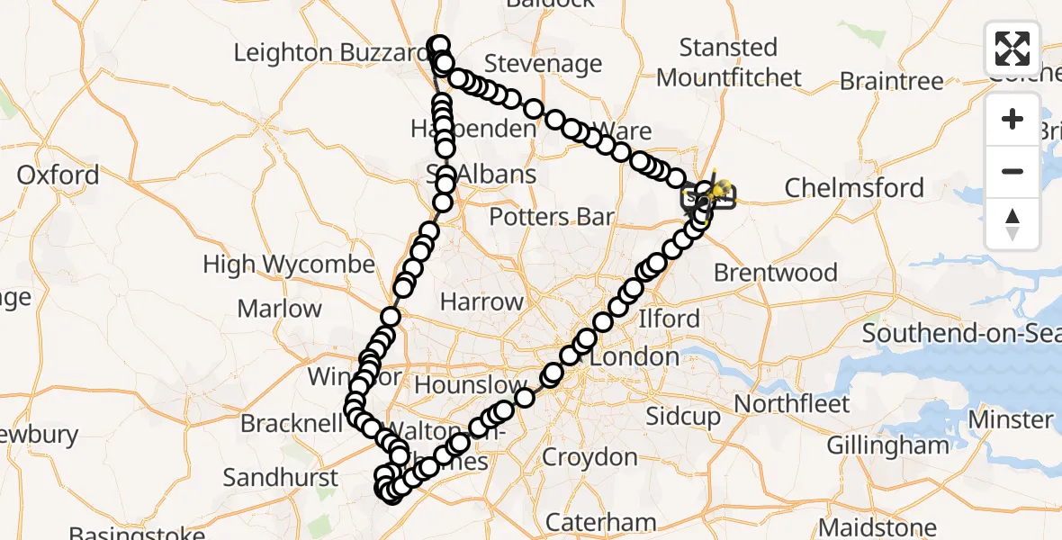 Flight path map showing Police Helicopter route from North Weald Airfield to North Weald Airfield