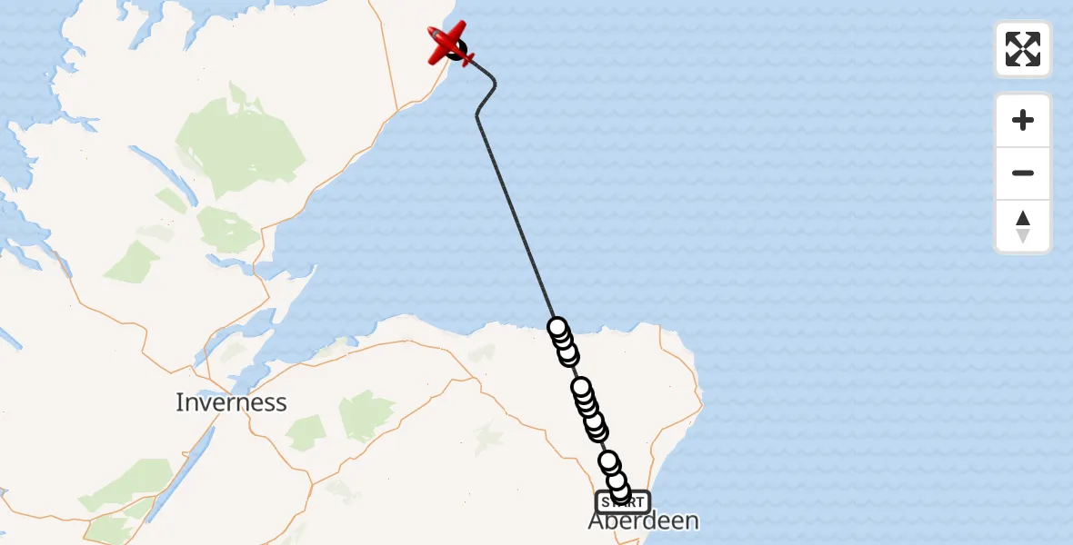 Flight path map showing Air Ambulance Aircraft route from Aberdeen International Airport to Wick John O'Groats Airport