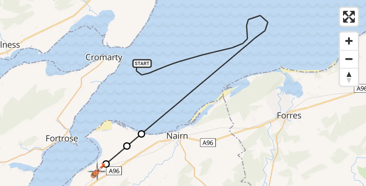 Flight path map showing Coastguard Helicopter route from North Sea to Inverness Airport