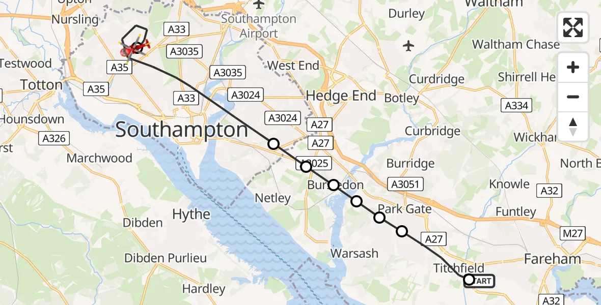 Flight path map showing Air Ambulance Helicopter route from Catisfield to University Hospital Southampton