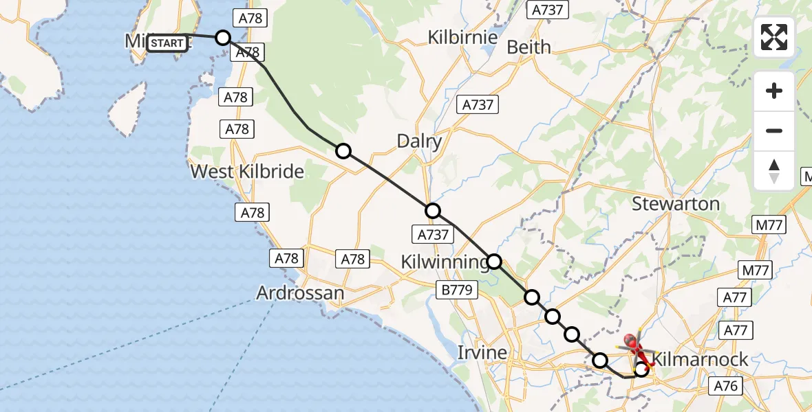 Flight path map showing Air Ambulance Helicopter route from Inner Seas to Crosshouse