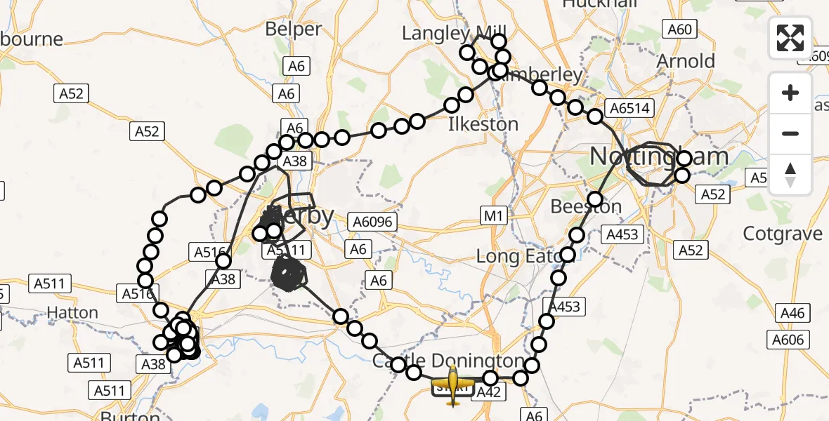 Flight path map showing Police Aircraft route from East Midlands Airport to East Midlands Airport