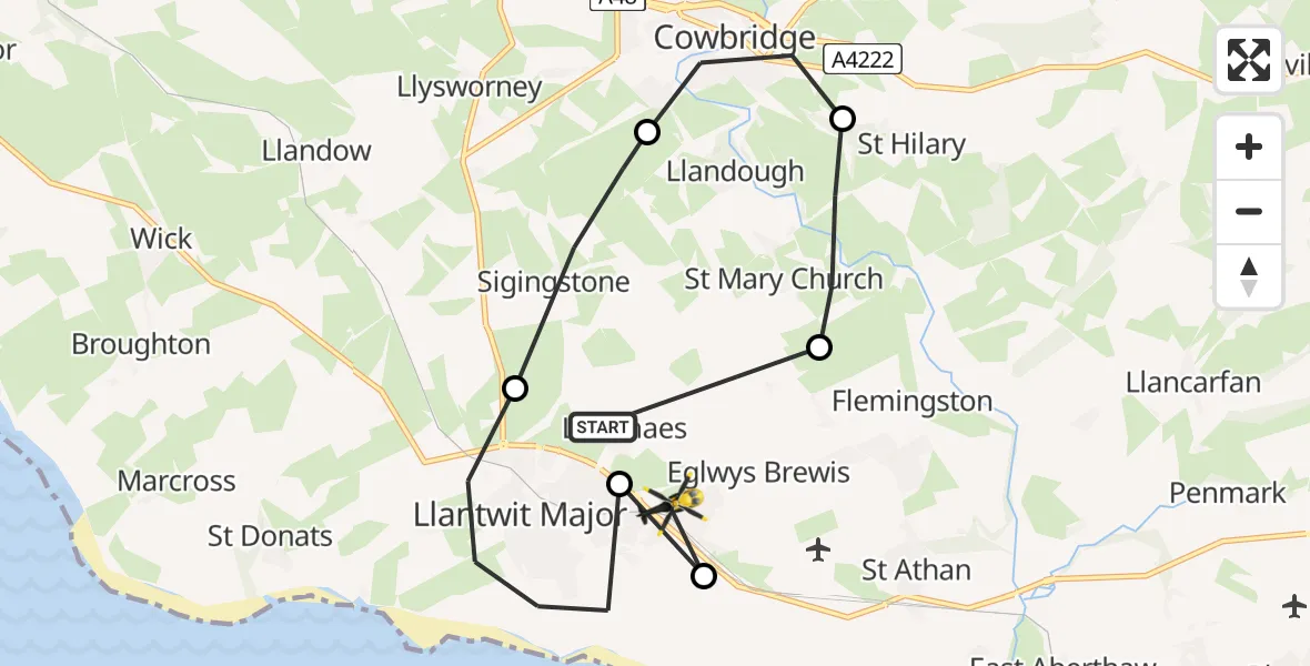 Flight path map showing Police Helicopter route from Llanmaes to Boverton