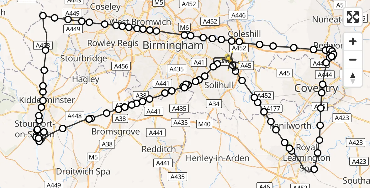 Flight path map showing Police Helicopter route from Birmingham to Birmingham Airport