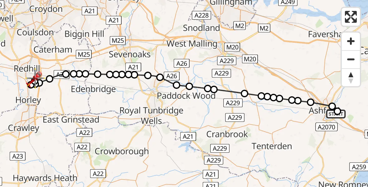 Flight path map showing Air Ambulance Helicopter route from Sevington to Redhill Aerodrome