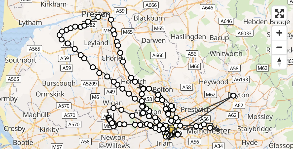 Flight path map showing Police Helicopter route from Irlam to Worsley