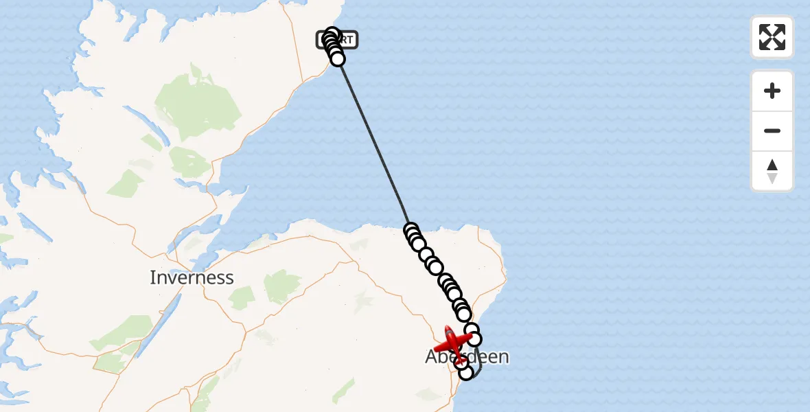 Flight path map showing Air Ambulance Aircraft route from Wick John O'Groats Airport to Aberdeen International Airport