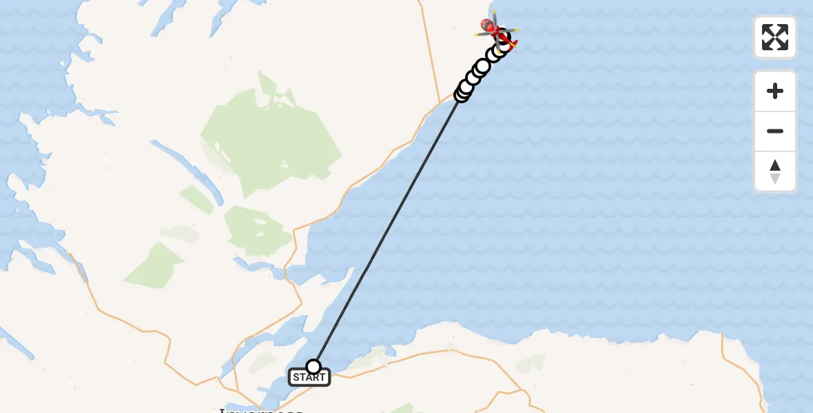 Flight path map showing Air Ambulance Helicopter route from Ardersier to Wick John O'Groats Airport