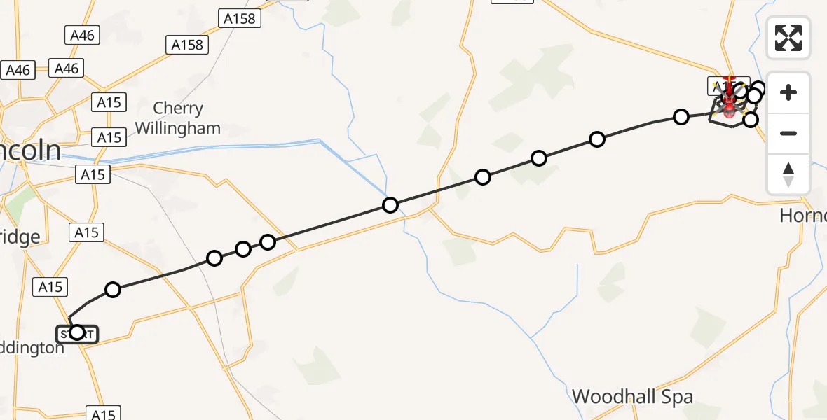 Flight path map showing Air Ambulance Helicopter route from RAF Waddington to Baumber
