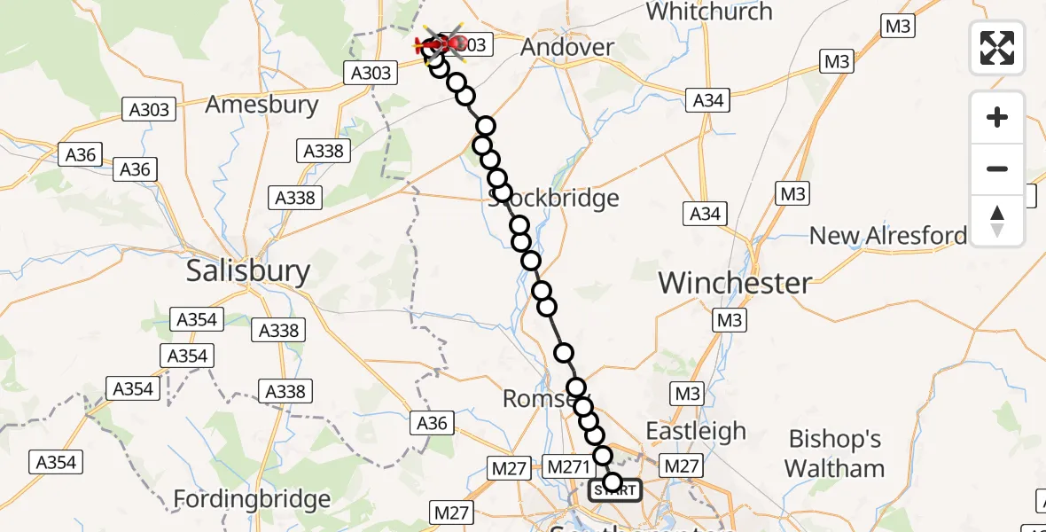 Flight path map showing Air Ambulance Helicopter route from University Hospital Southampton to Thruxton Aerodrome